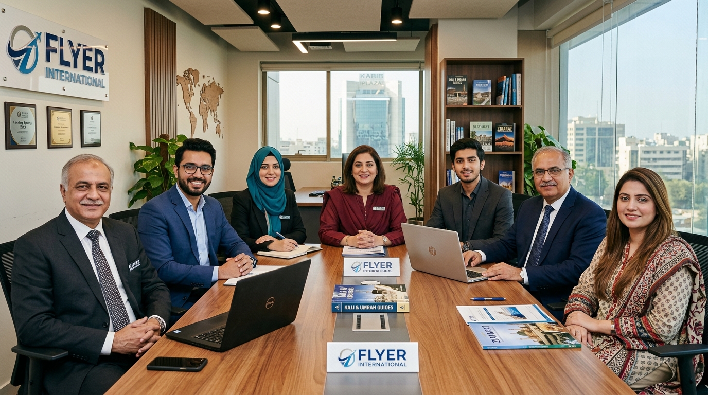 Flyer International executive leadership and travel consultation team in office workspace